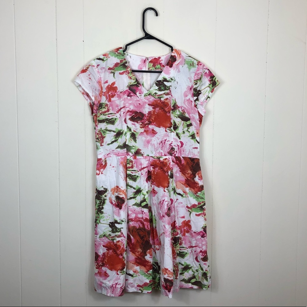 Vintage Floral Cotton V-Neck Midi Dress Sz M